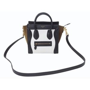 CELINE Luggage Shopper Handbag Shoulder Bag Calfskin Black White Khaki